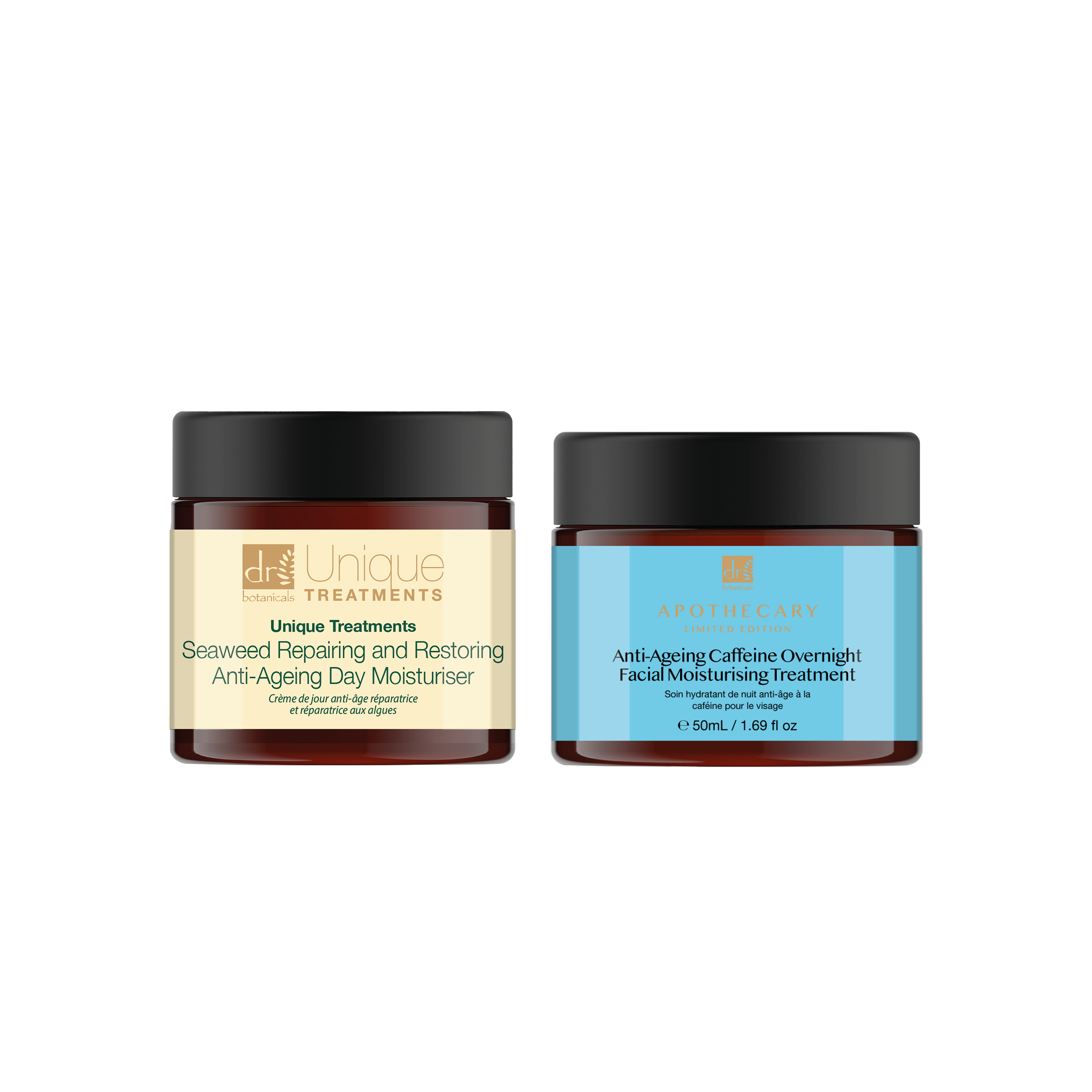 Anti-Ageing Caffeine Overnight Facial Moisturising Treatment 50ml + Unique Treatments Seaweed Repairing and Restoring Anti-Ageing Day Moisturiser - skinChemists