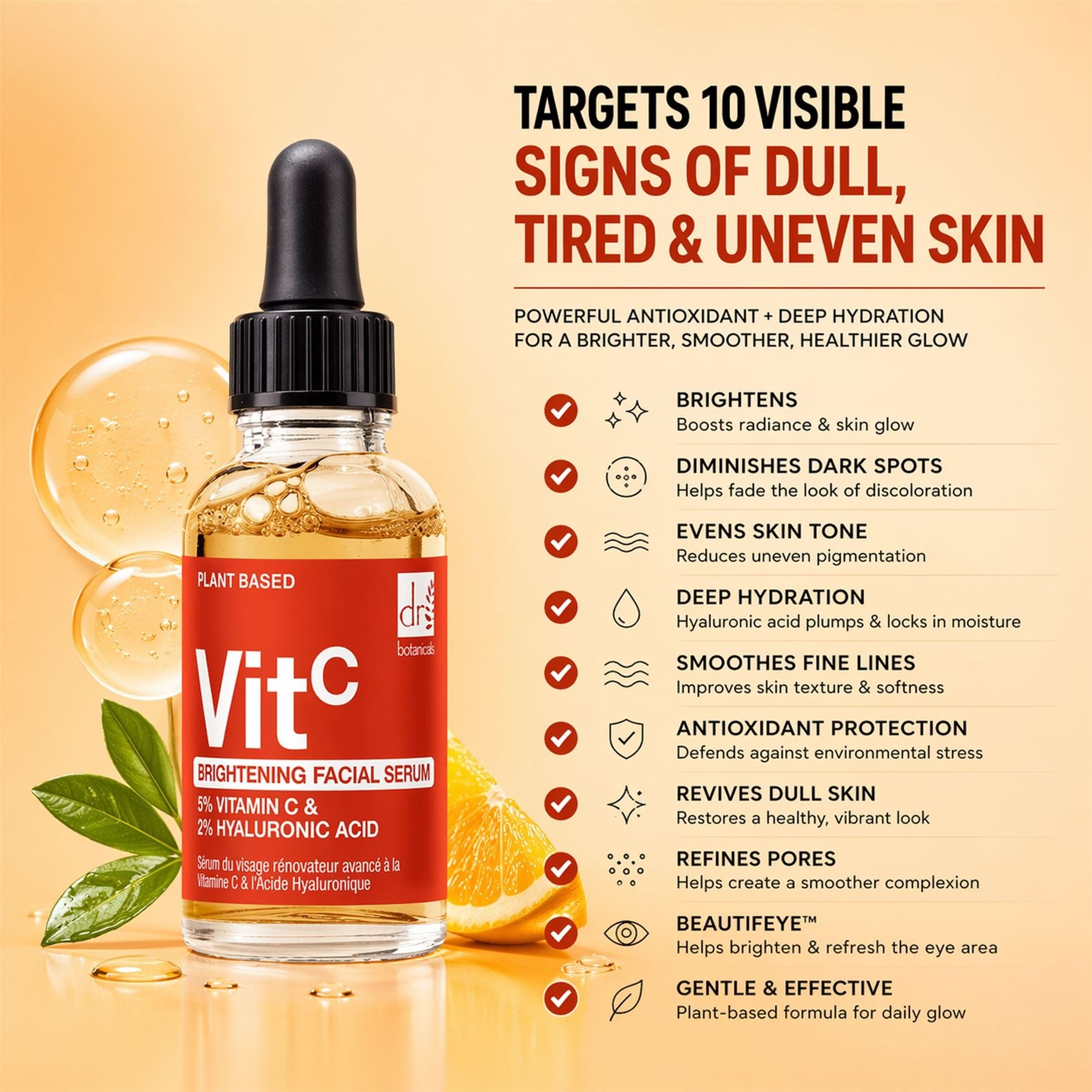 Brightening Facial Serum with 5% Vitamin C & 2% Hyaluronic Acid – 30ml