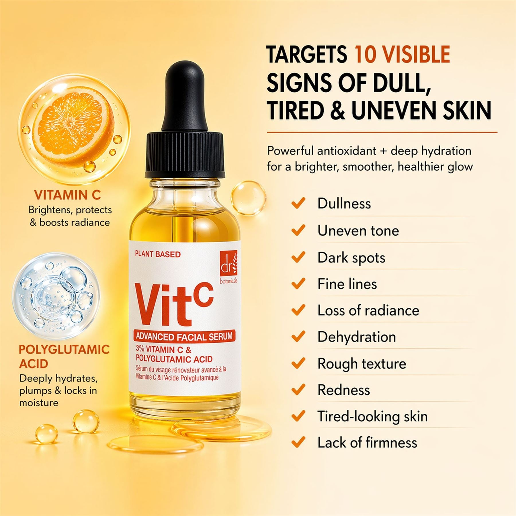 Dr Botanicals Apothecary Vitamin C & Polyglutamic Acid Facial Serum | Brightens, Hydrates & Revitalises | 30ml