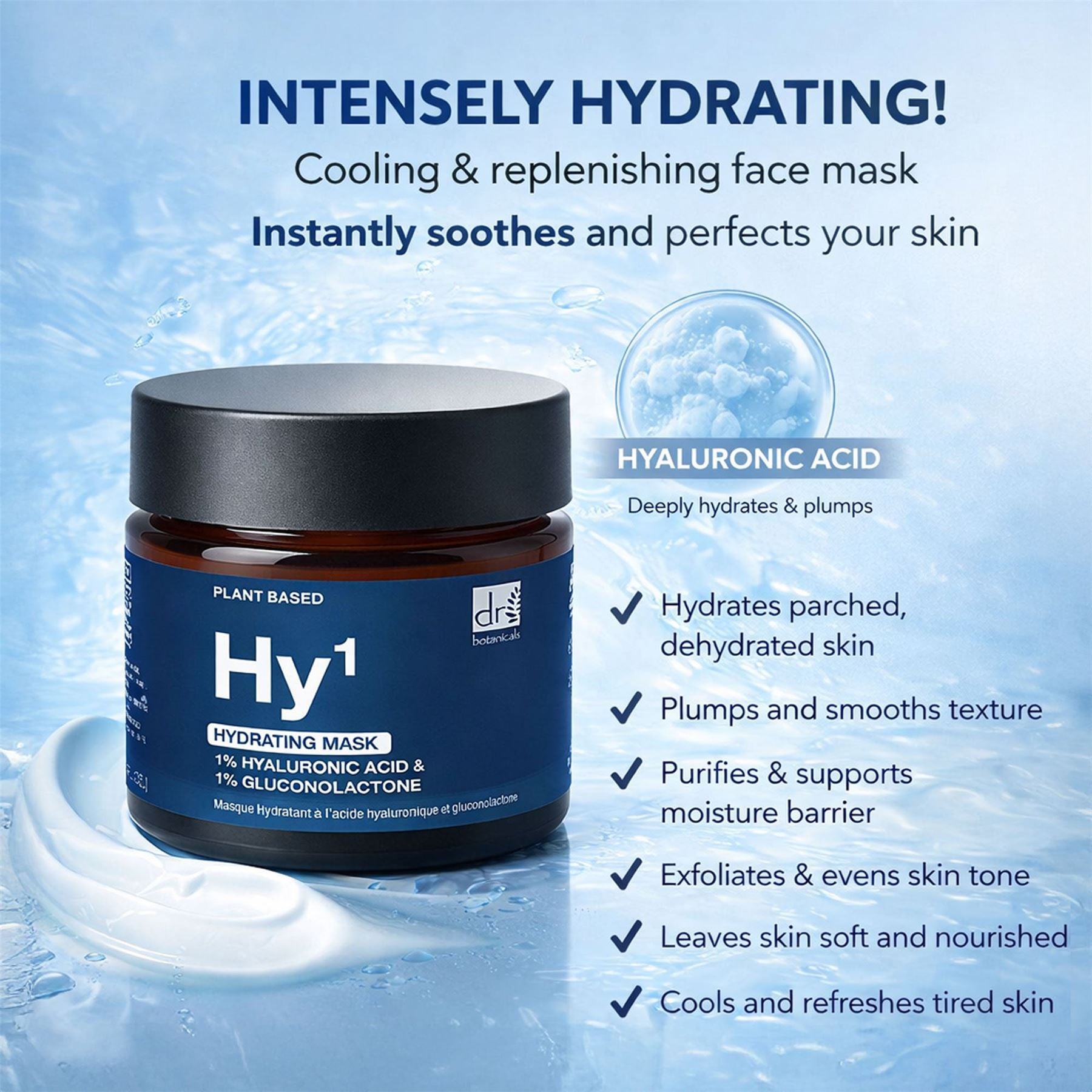 Dr Botanicals Hydrating Face Mask | 1% Hyaluronic Acid & 1% Gluconolactone | Smooths, Hydrates & Revitalises | 60ml