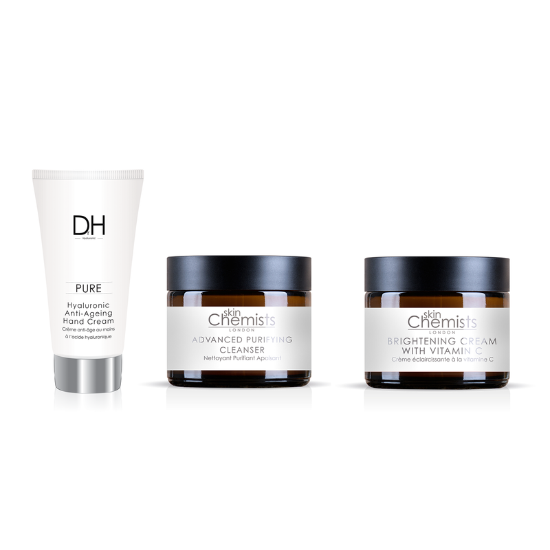 "Dr H Hyaluronic Acid Anti-Ageing Hand Cream + Brightening Cream with Vitamin C + Advanced Purifying Cleanser "
