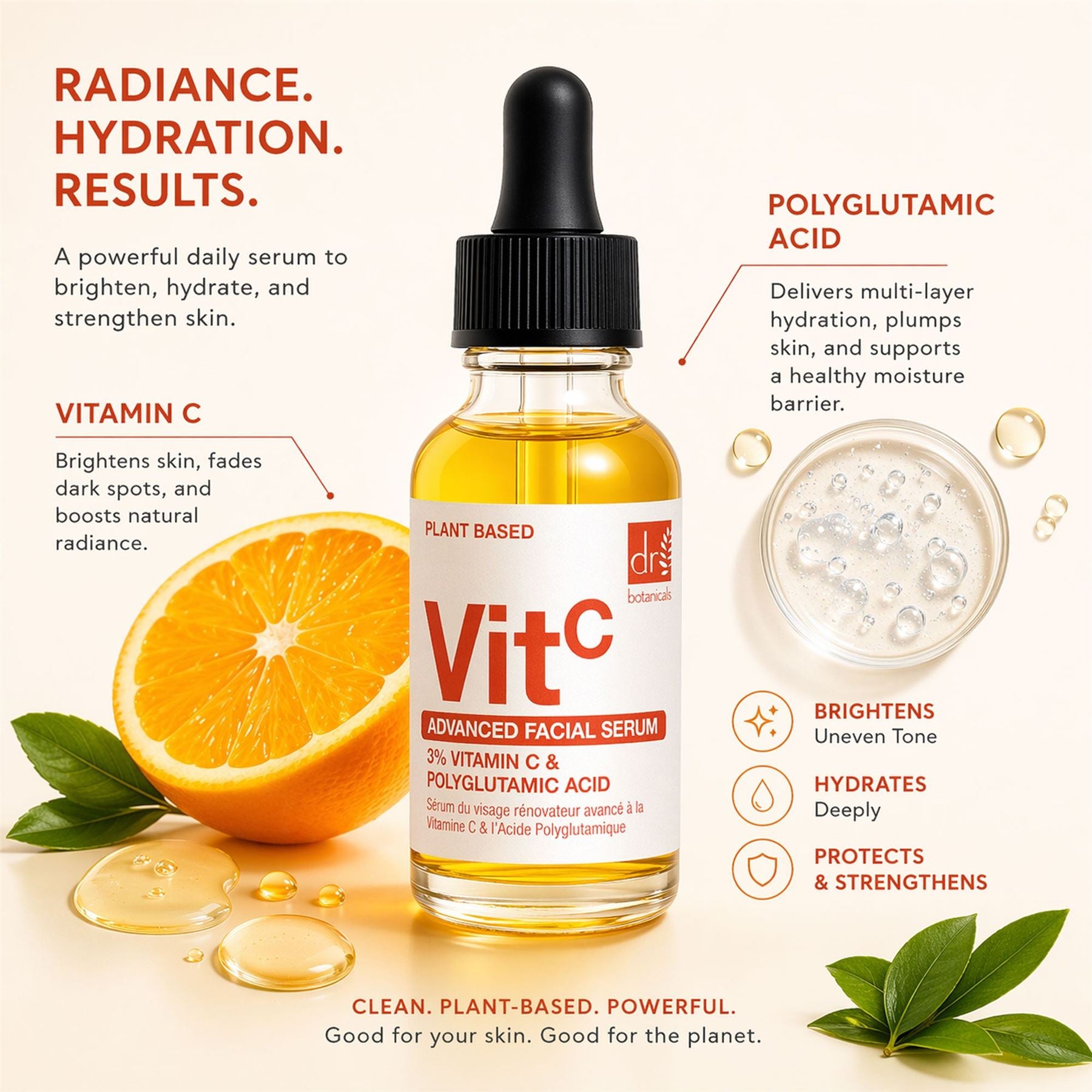 Dr Botanicals Apothecary Vitamin C & Polyglutamic Acid Facial Serum | Brightens, Hydrates & Revitalises | 30ml