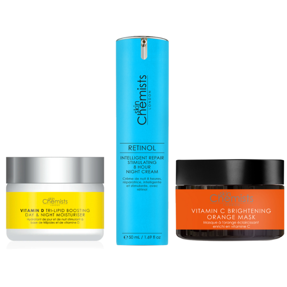 skinChemists Retinol Night Cream, Vitamin D Moisturiser, Vitamin C Brightening Anti-Ageing Kit - skinChemists